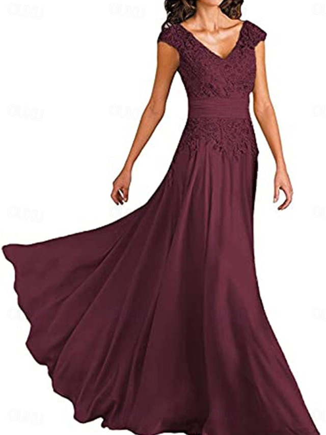  A-Line Mother of the Bride Dress Elegant Simple V Neck Floor Length Chiffon Sleeveless with Solid Color