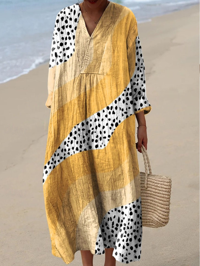 Femmes Robe Midi Robe d'Été Robe trapèze Vacances Occasionnel Chaussures de plage Sortir Graphique Géométrique manche longue Col en V Jaune Rouge Bleu Été Printemps