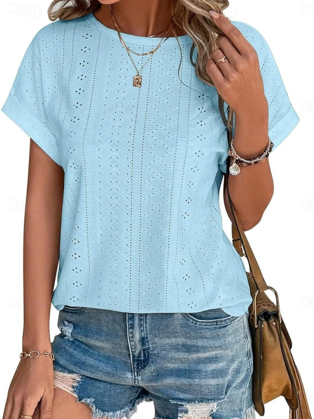  Women's T Shirt Plain Fashion Stylish Classic Short Sleeve Crew Neck Regular Tops Daily Weekend Eyelet Black White Pink Blue Summer
