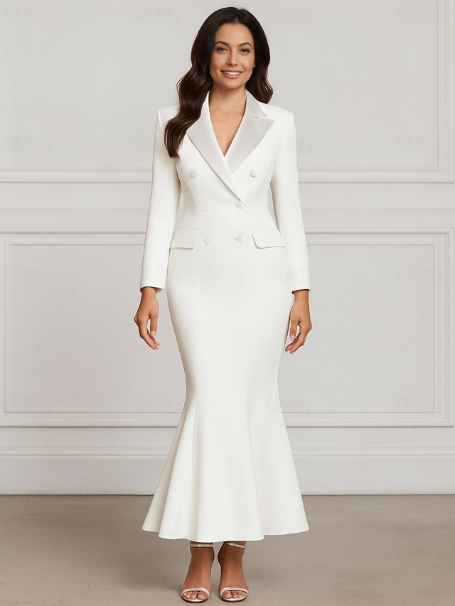  Black and White Mermaid Blazer Lapel Mother of the Bride Dress Wedding Elegant Ankle Length Stretch Fabric Long Sleeve with Color Block