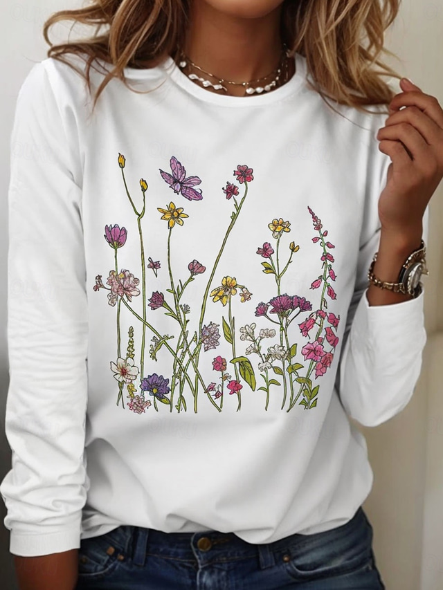  Women's T Shirt Floral Graphic Plants Vintage Stylish Classic Long Sleeve Crew Neck Round Neck Regular Tops Daily Print Black White Khaki Summer Spring Fall
