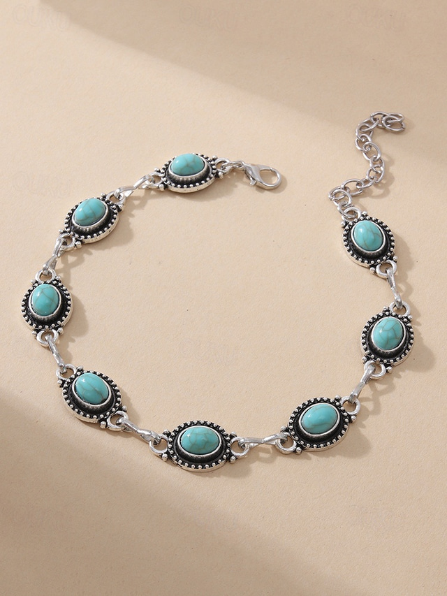 cavigliera vintage boho da donna con pietra turchese – bracciale regolabile con catena in argento e ciondoli ovali con gemme per spiaggia estiva, festival e abbigliamento casual