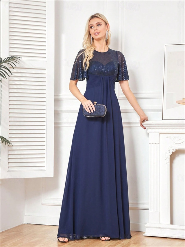  A-Line Quinceanera Dresses Elegant Dress Formal Wedding Floor Length Short Sleeve Crew Neck Chiffon with Pleats