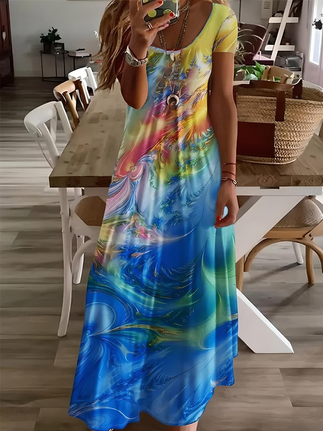  Pentru femei Rochii Midi Rochie de Vară Rochie A line Vacanță Casual Boho Ieșire Fit standard Ombre Grafic Geometric Manșon scurt În V Albastru piscină Vară Primăvară Toamnă