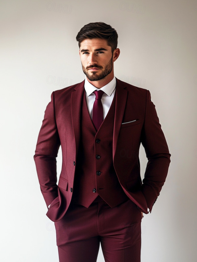  Men's Business Suits Burgundy Formal WorkWear Solid Colored Standard Fit 3 Piece Single Breasted Two-buttons