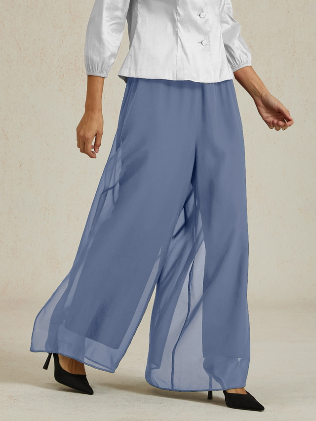  Women's Culottes Wide Leg Straight-Leg Trousers Elegant Stylish Classic Style Full Length Medium Waist Solid Color Elastic Waist Stretchy Wedding Vacation Party Dusty Blue Spring, Fall, Winter, Summer