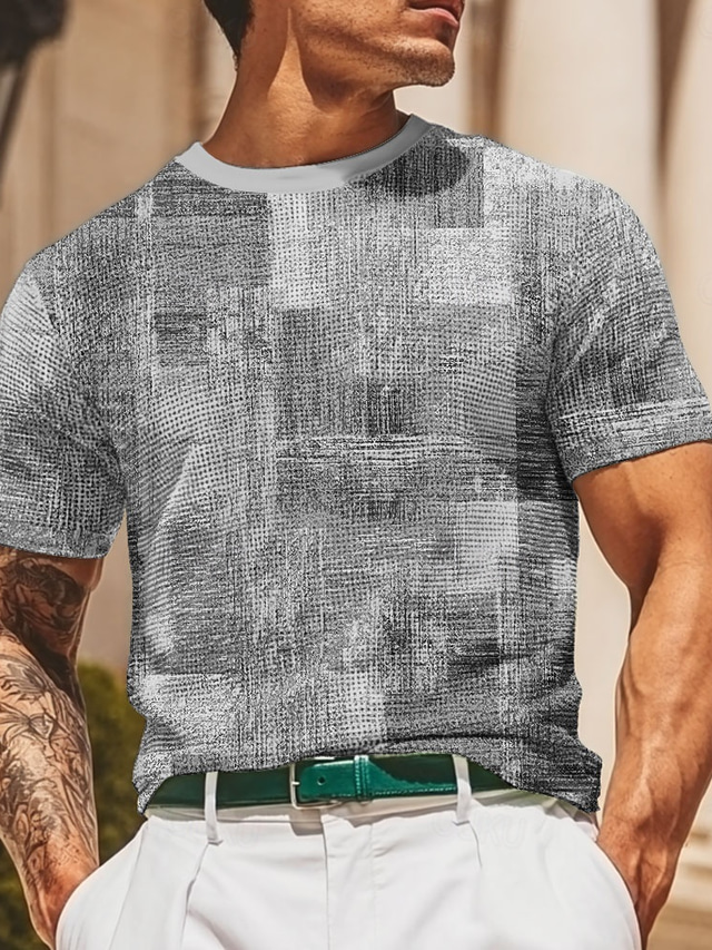  Men's Geometric Plaid Waffle Shirt Short Sleeve T shirt 3D Print Crew Neck Shirt Fashion Casual Comfortable Street Casual Daily Blue Brown Green Summer Spring Clothing Apparel S M L XL XXL XXXL