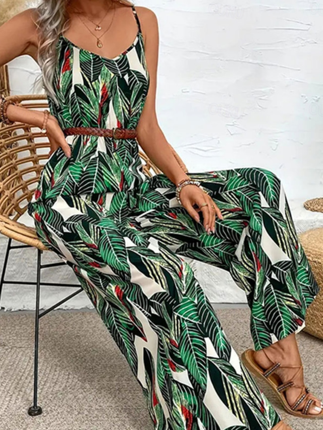  Women's Normal Jumpsuit Active Floral Sleeveless V Neck Backless High Waist Vacation Daily Regular Fit Green Summer