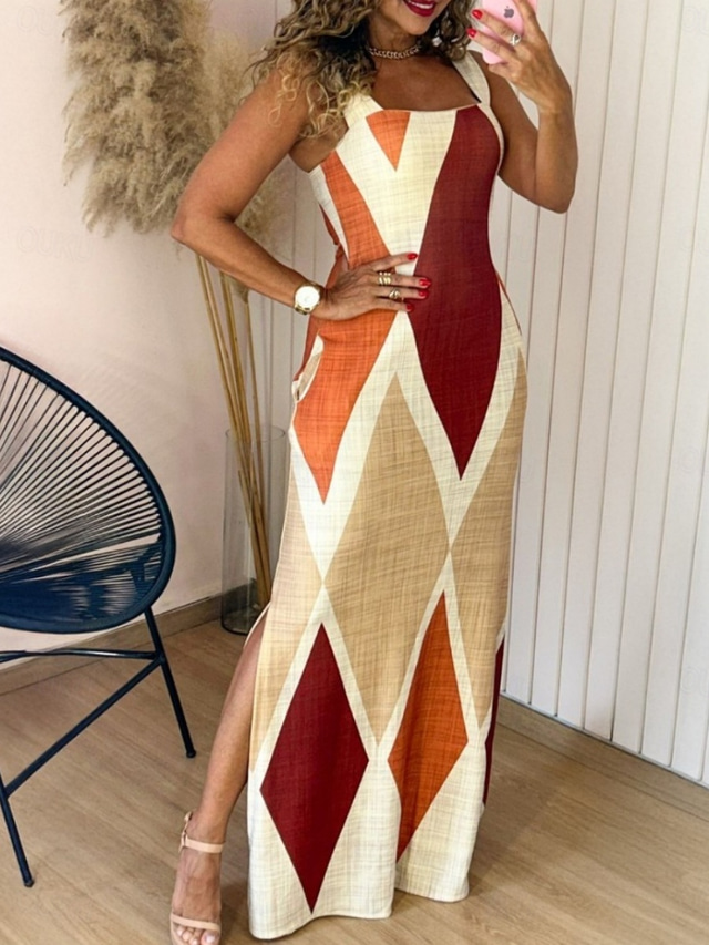  Damen Maxikleid Etui-Kleid Unterkleid Urlaub Lässig Boho Outdoor Ausgehen Normale Passform Geometrisch Ärmellos Spaghettiträger Gelb Wein Purpur Grün Sommer