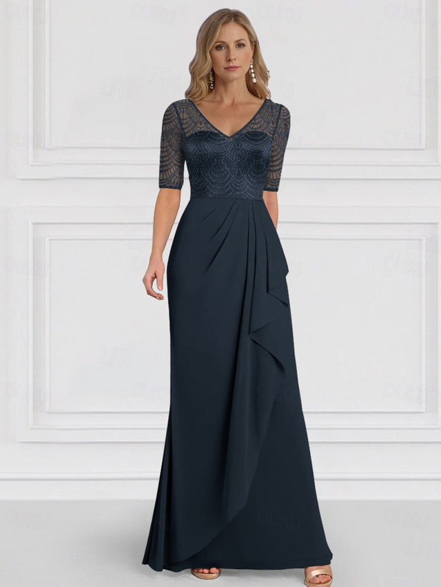  A-Line Mother of the Bride Dress Wedding Guest Elegant V Neck Floor Length Chiffon Half Sleeve with Ruffles Solid Color 2025