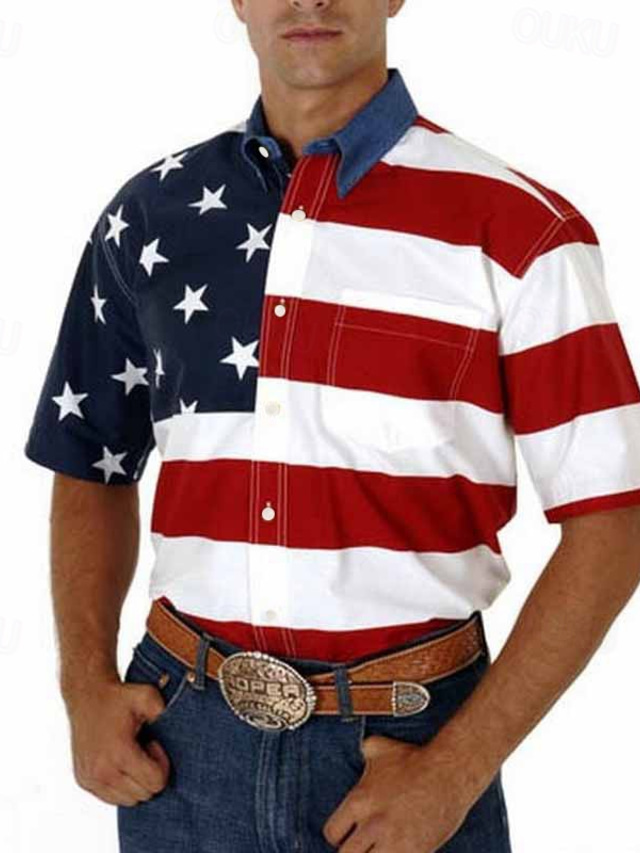  Men's Graphic Prints American Flag Shirt Western Shirt Button Up Shirt Short Sleeve Fashion Designer Casual Outdoor Summer Spring Turndown Print Blue