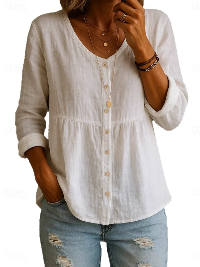  Women's Shirt Solid Color Plain Stylish Casual Long Sleeve Shirt Collar Regular Tops Daily Buttons Smocked White Yellow Pink Green Summer Spring