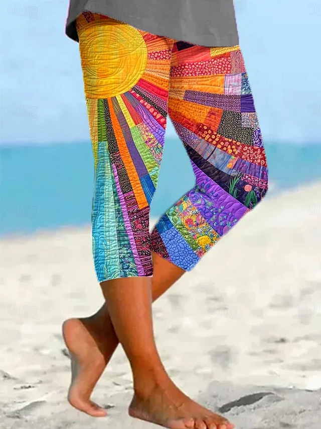  Women's Leggings Capri Pants High Elasticity Vacation Fashion Hawaiian Calf-Length Mid Waist Graphic Patchwork Printing Breathable Soft  Vacation Casual Daily Rainbow Summer Spring Regular Fit