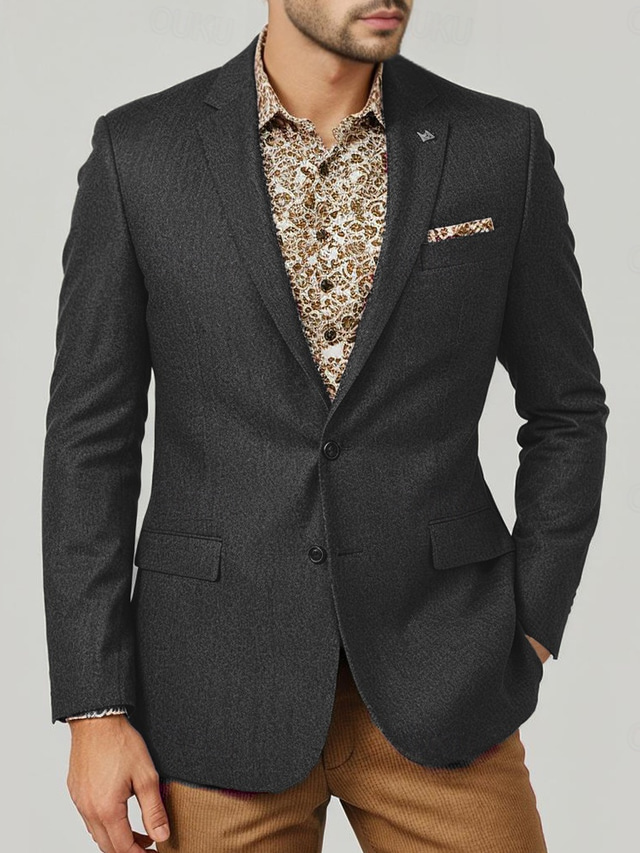  Men's Wool Tweed Blazer Vintage Office Solid Colored Blazer Brown Dark Grey Standard Fit Single Breasted Two-buttons