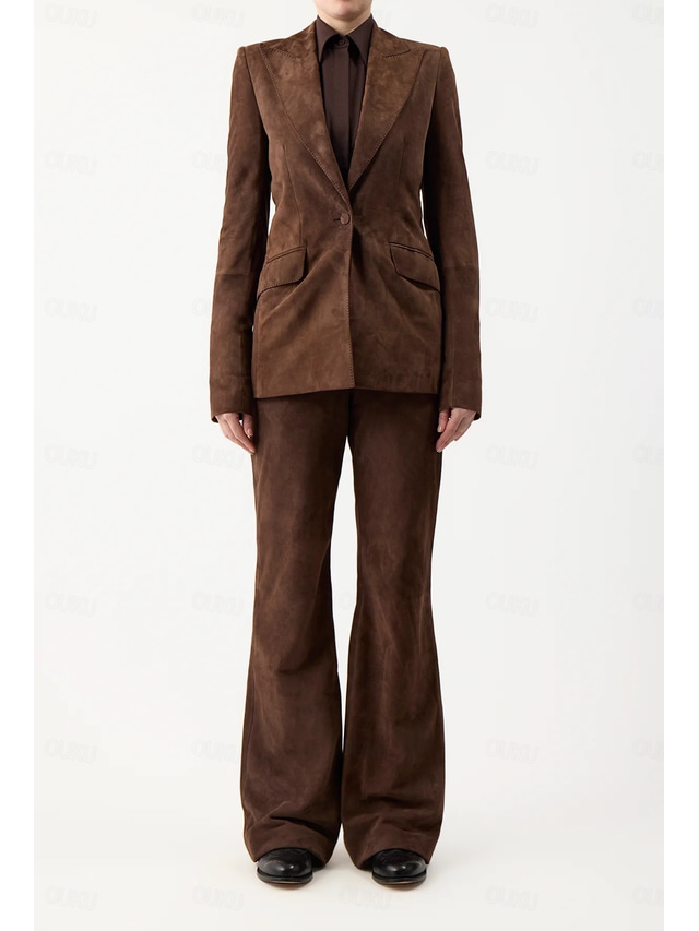  Two Piece Jumpsuit / Pantsuit Faux Suede Mother of the Bride Blazer Set Elegant Vintage Simple V Neck Peak Lapel Stitching Detail Floor Length Stretch Long Sleeve