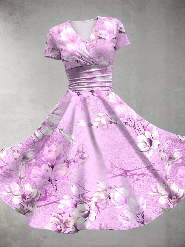  Femmes Robe Midi Robe d'été Robe ajustée et évasée Fête Occasionnel Quotidien Fête Coupe régulière Fleuri Graphique Manche Courte Col en V Rose Claire Bleu Violet Vert Été