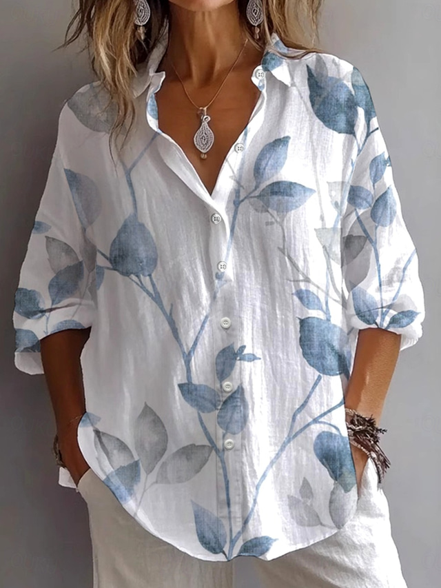  Women's Shirt Long Sleeve Button Down Blouse Blouse Floral Graphic Leaf Vintage Daily Stylish Shirt Collar Regular Tops Daily Holiday Going out Buttons Grass Green Light Green Light Blue Summer