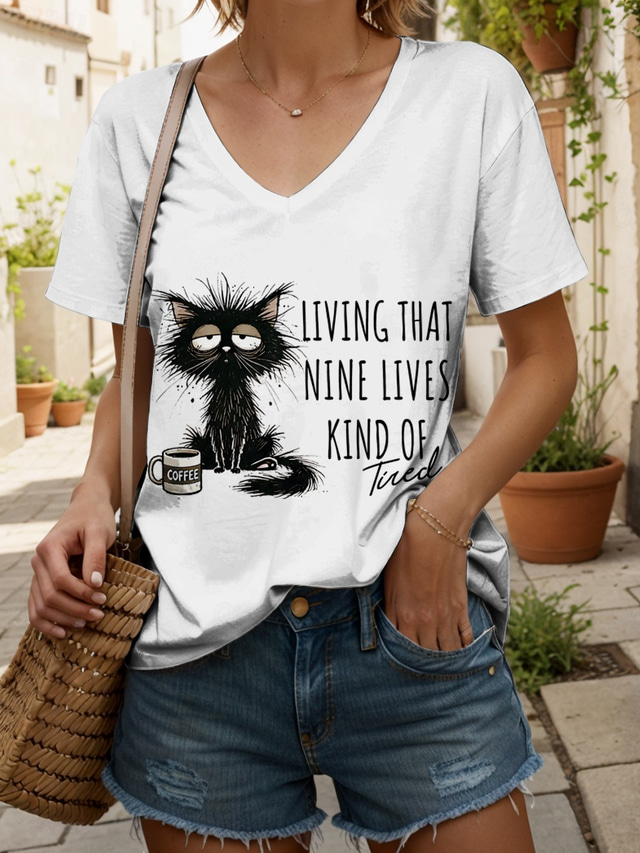  Women's T Shirt Graphic Animal Cat Vintage Stylish Classic Short Sleeve V Neck Regular Tops Daily Print Black White Pink Red Blue Summer Spring
