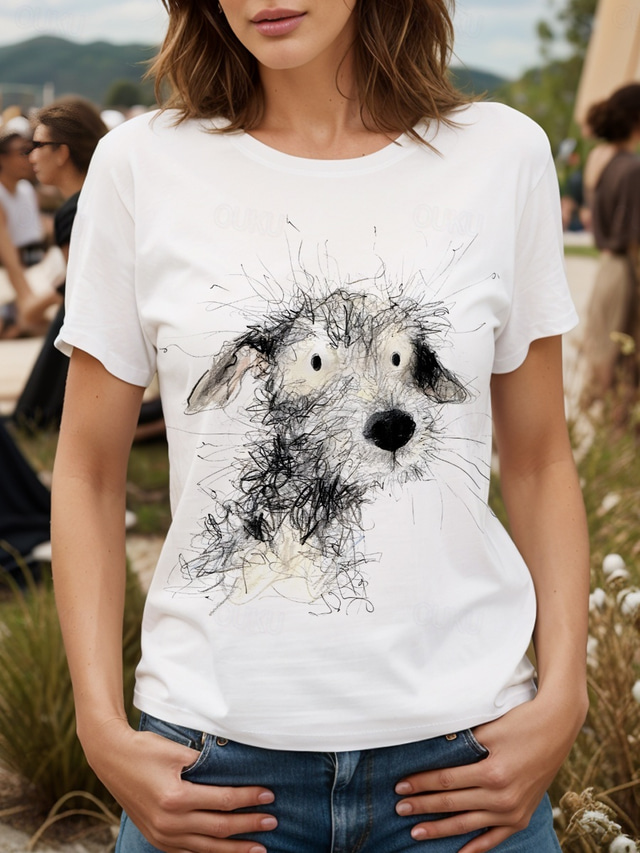  Women's T Shirt Graphic Animal Dog Vintage Stylish Classic Short Sleeve Crew Neck Round Neck Regular Tops Daily Weekend Print Black and White White / Black White Pink Red Summer Spring
