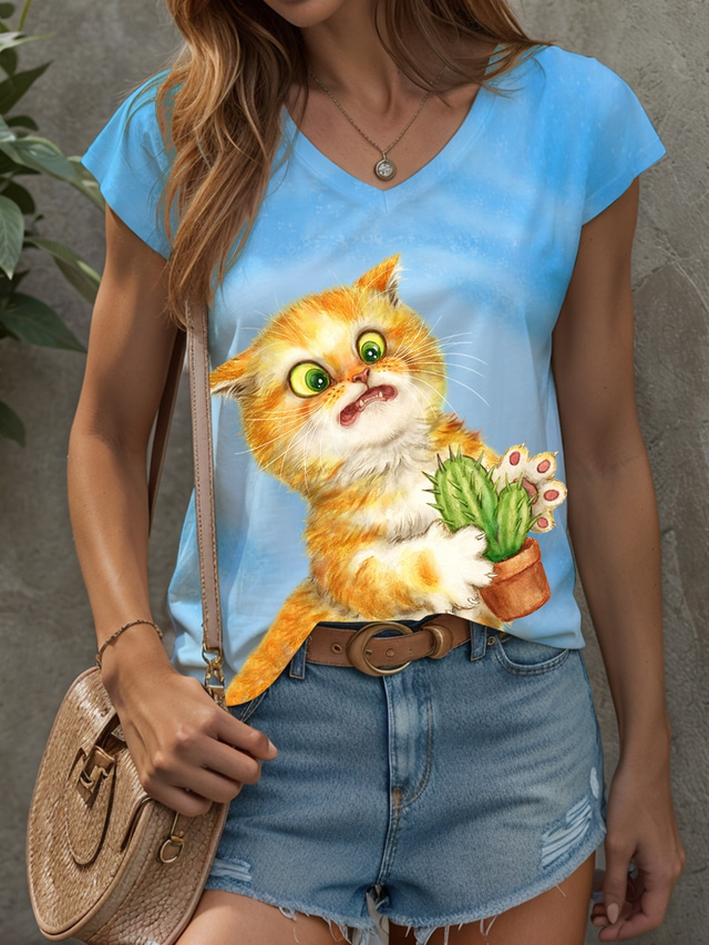  Kayomi Harai Women's Animal Cat Camisole Tank Top Graphic  Vintage Stylish Classic Sleeveless Short Sleeve V Neck Regular Tops Daily Print Light Blue Summer Spring