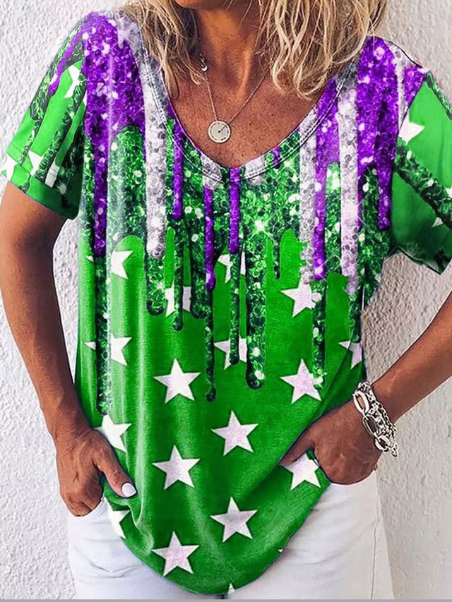  Women's Patriotic  T Shirt Graphic Flag Stylish Casual Short Sleeve V Neck Regular Tops Daily Print Royal Blue Blue Fuchsia Green Summer Spring