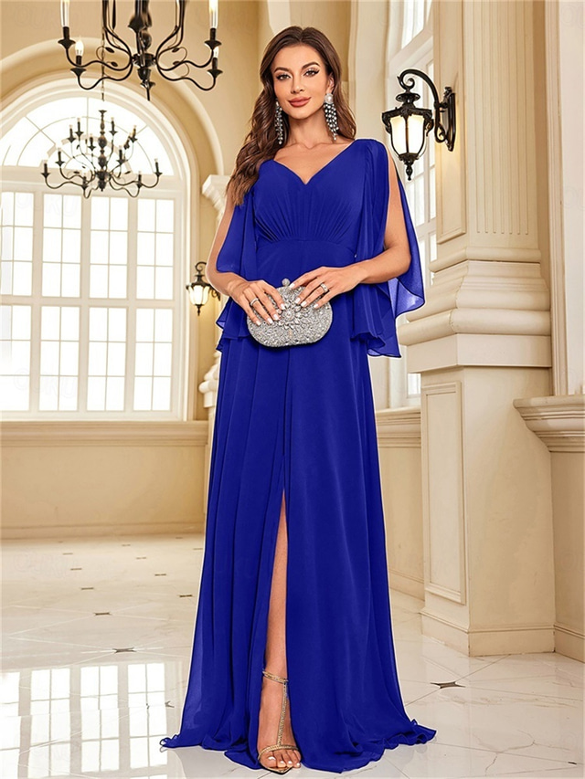  A-Line Quinceanera Dresses Elegant Dress Formal Wedding Floor Length Long Sleeve V Neck Chiffon V Back with Pleats Slit 2025
