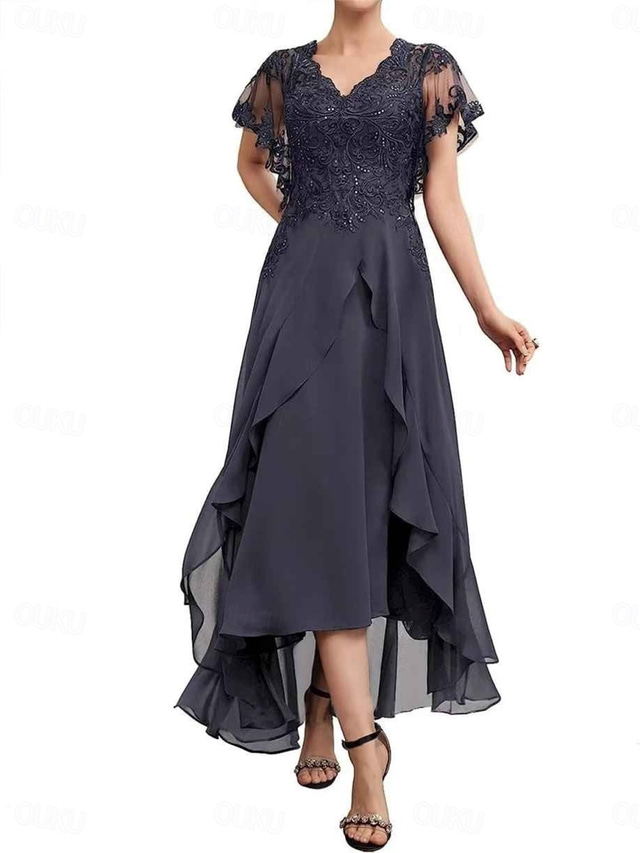  A-Line Mother of the Bride Dress Elegant V Neck Tea Length Chiffon Short Sleeve with Solid Color