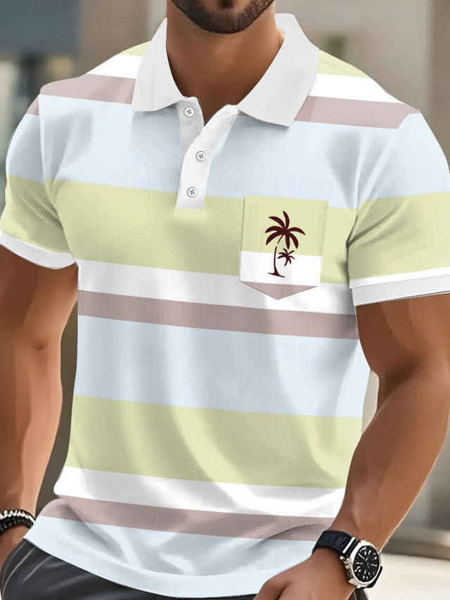  Men's Horizontal Stripes Palm Tree Polo Short Sleeve Polo Shirts Collared Shirts Casual Resort Athleisure Daily Wear Vacation Wear Pocket 3D Print Buttons Summer Yellow Pink Blue