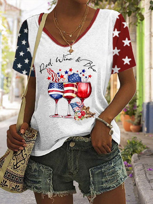  Women's Patriotic  T Shirt Graphic Animal Flag Stylish Casual Short Sleeve V Neck Regular Tops Daily Print Black Red Blue Summer Spring