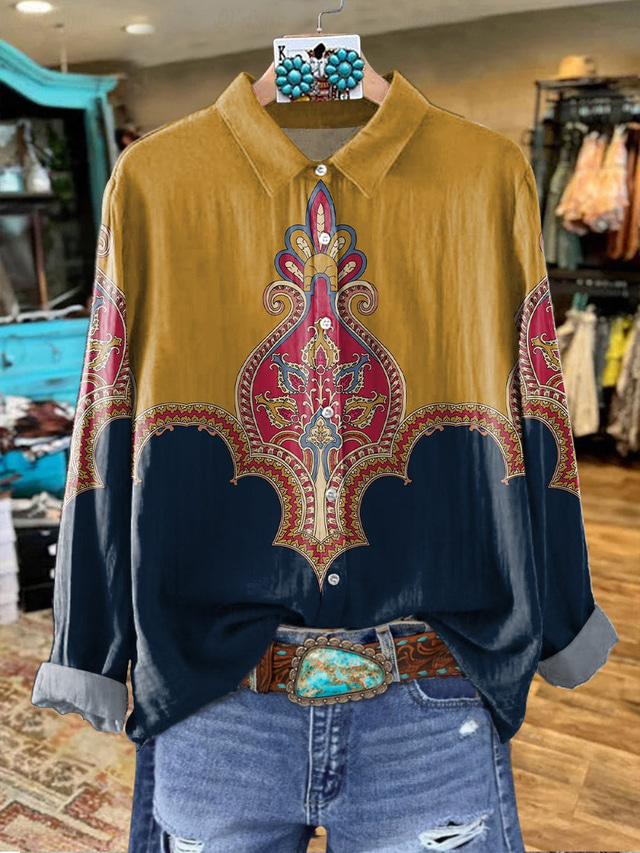  Women's Shirt Floral Graphic Western Casual Long Sleeve Shirt Collar Regular Tops Work Daily Buttons Print Blush Pink Yellow Red Spring Fall Winter
