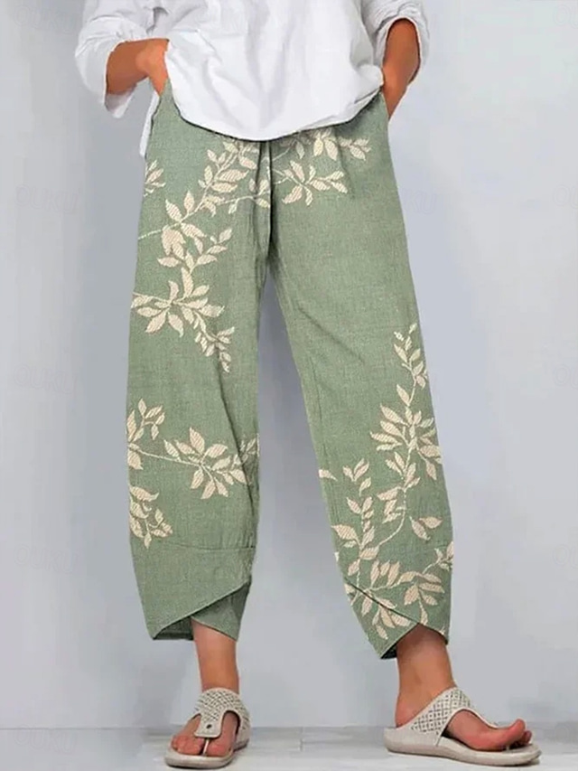  Women's Chinos Baggy Pants Vacation Vintage Ethnic Style Ankle-Length High Waist Floral Graphic Plants Patchwork Drawstring Printing Breathable Micro-elastic Vacation Casual Daily White Light Green