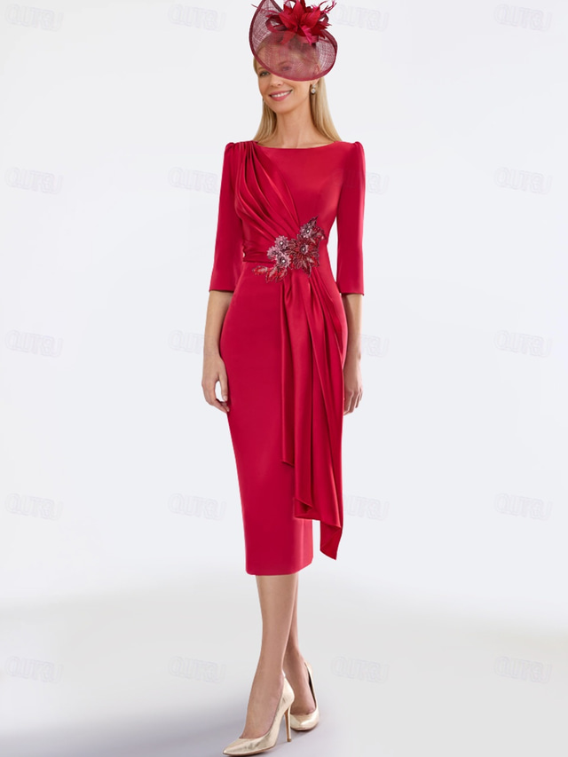  Sheath Dress Mother of the Bride Dress Elegant Jewel Neck Tea Length Satin Half Sleeve with Pleats Solid Color free custom size