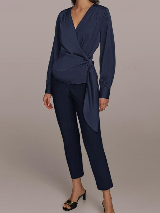  Two Piece Jumpsuit / Pantsuit Pantsuit Mother of the Bride Pantsuit Elegant Vintage Simple V Neck Ankle Length Satin Top Stretch Crepe Pants V Long Sleeve with Bow(s) Ruched