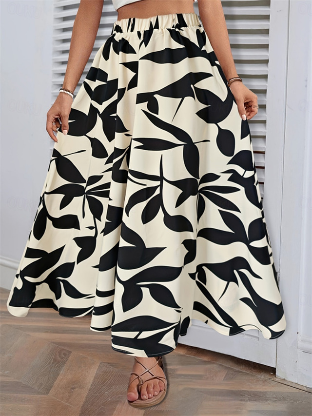  Mulheres Saia Evasê Moda Casual Longo Cintura Alta Saias Árvores / Folhas Bolsos Imprimir Com Stretch Rua Diário Branco Verde Verão Poliéster