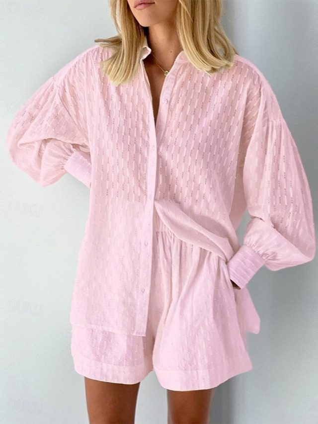  Femmes Mode Streetwear Quotidien Ensembles de Shorts manche longue Col de chemise Couleur Unie Occasionnel Quotidien Tenue quotidienne Blanche Rose Claire Bleu Été Coupe Ample