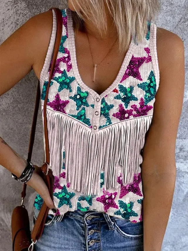  Women's Patriotic  Camisole Tank Top Flag Stylish Casual Sleeveless Sleeveless V Neck Crop Tops Daily Print Purple Green Beige Summer Spring