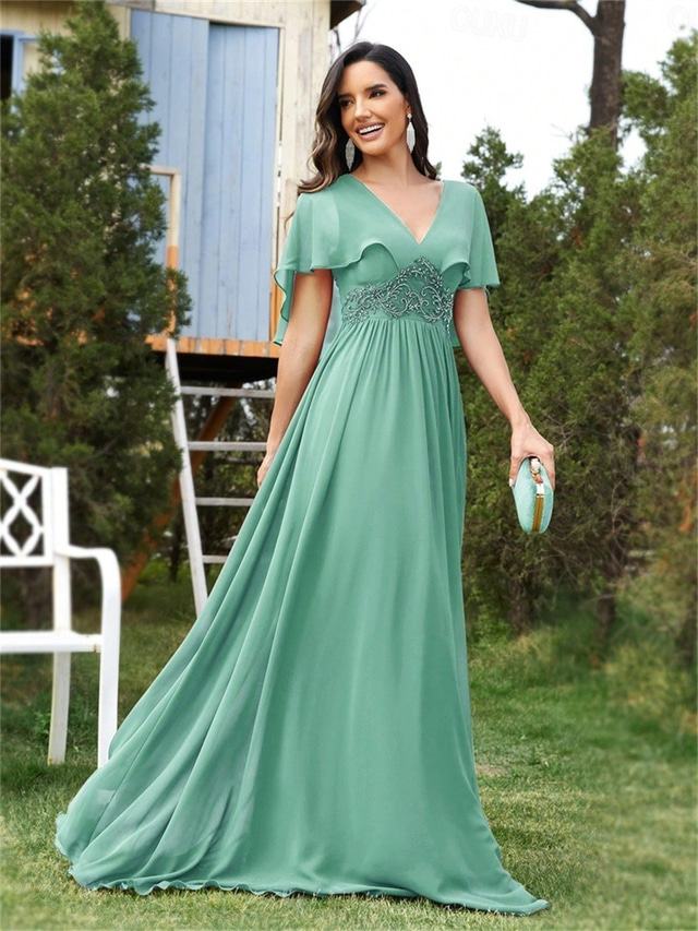  A-Linie Šaty na quinceanera Elegantní šaty formální svatba Různé délky Krátký rukáv V výstřih Šifon bez zad s sklady Aplikace