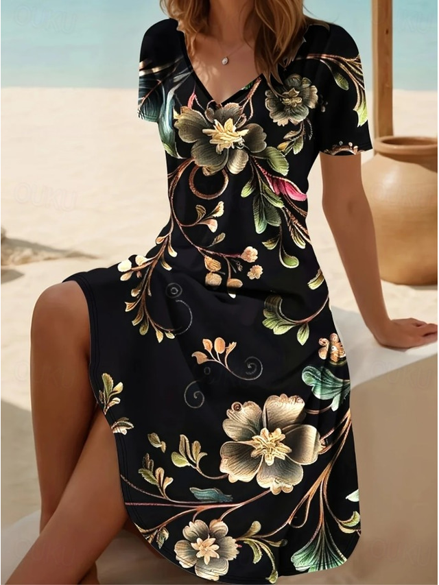  Dam Mini klänning T shirtklänning Solklänning Sommarklänning Semester Ledigt Boho Dagligen Utekväll Normal Blommig Grafisk Kortärmad V-hals Svart Rubinrött Sommar