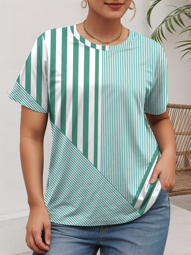  Dam Extra stor storlek Blast T-shirt Grafisk Randig Mönster Kortärmad Rund hals Ledigt Dagligen Polyester Sommar Rodnande Rosa Blå