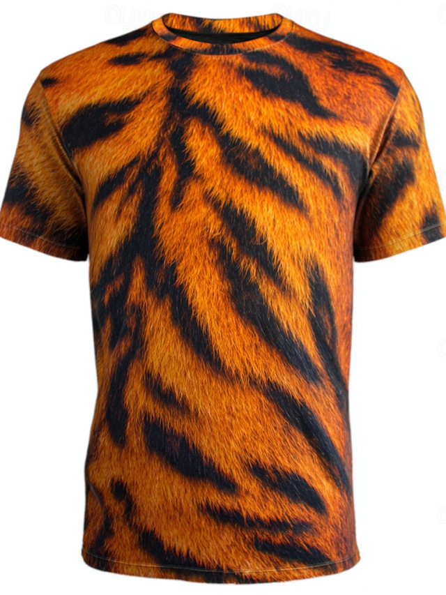  Men's Optical Illusion 3D Tiger Skin T Shirt Short Sleeve T shirt 3D Print Crew Neck Shirt Exaggerated Designer Party Street Casual Yellow Orange Brown Summer Spring All Seasons Clothing Apparel S M