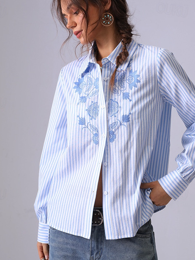  Women's Shirt Button Down Blouse Floral Striped Elegant Bohemia Vintage Long Sleeve Shirt Button Down Blouse Collar Regular Tops Work Daily Holiday Embroidered 1# Original light blue-BLUE