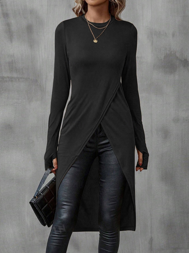  Women's Midi Dress Sheath Dress Wrap Dress Casual Daily Slim Plain Long Sleeve Crew Neck Black Brown Summer Spring Fall