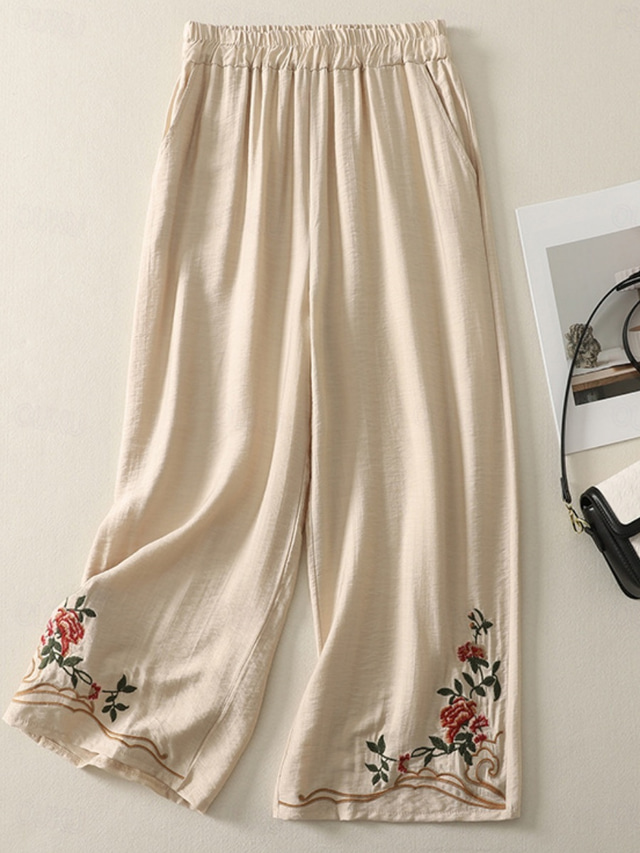  Women's Cotton Linen Pants Chinos Ethnic Style Basic Casual Full Length High Waist Floral Embroidered Pocket Elastic Waist Comfort Outdoor Micro-elastic Vacation Street Daily Khaki Beige Summer