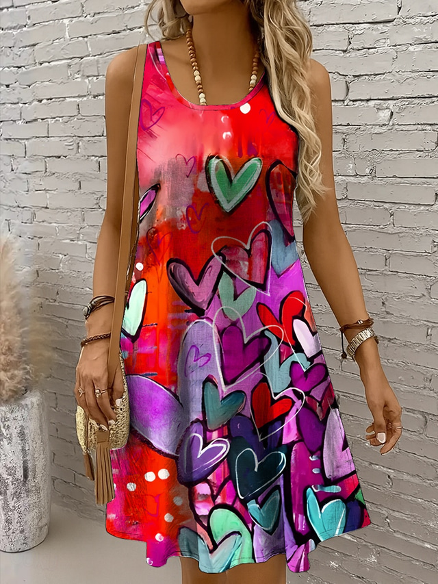  Women's Mini Dress Sundress A Line Dress Off The Shoulder Dress Vacation Casual Boho Holiday Beach Regular Fit Heart Graphic Sleeveless Crew Neck Yellow Red Blue Purple Summer Spring