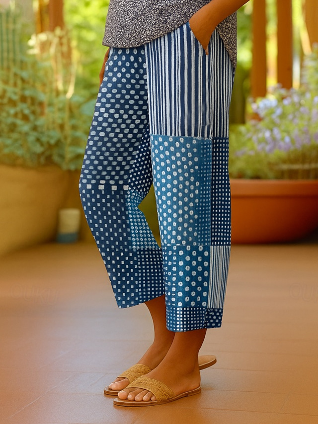 Women's Chinos Shorts Cropped Pants Elegant Vacation Vintage Ankle-Length High Waist Floral Graphic Striped Layered Inelastic Outdoor Street Daily Lake blue Blue Summer Spring Regular Fit