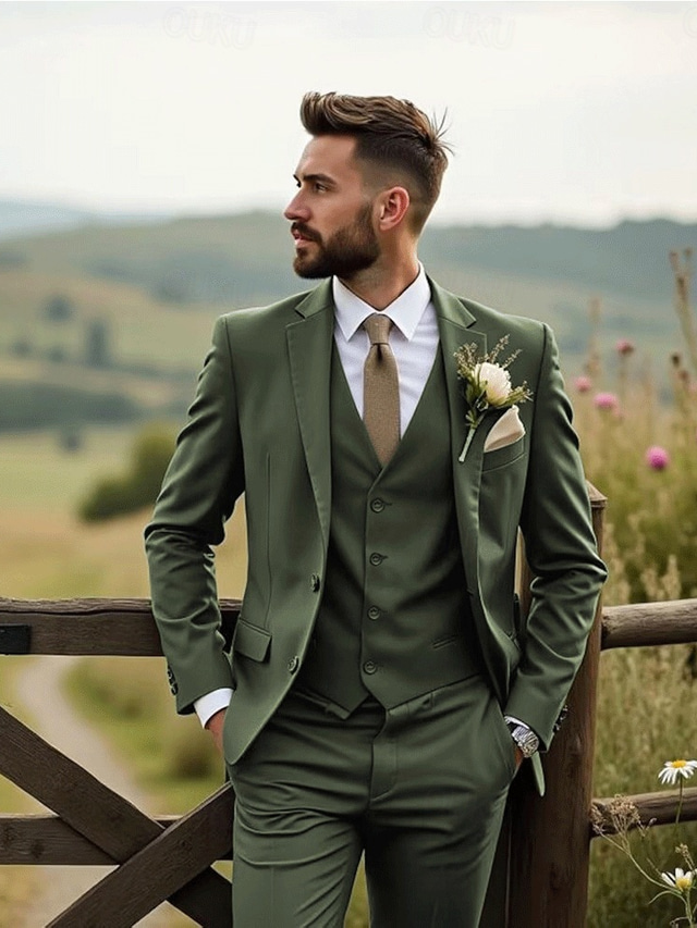  Men's Wedding Business Suits Black Sage Fashion Formal Solid Colored Standard Fit 3 Piece Single Breasted Two-buttons