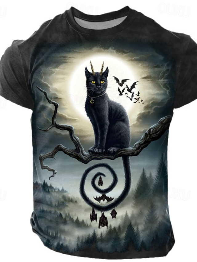  Halloween Men's Sarah Richter Cat T Shirt Short Sleeve T shirt 3D Print Crew Neck Shirt Exaggerated Designer Artistic Street Casual Daily Black Blue Purple Summer Spring All Seasons Clothing Apparel
