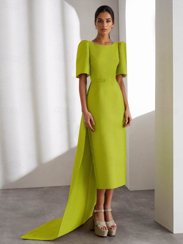  Green Column Cocktail Elegant Dress Formal Wedding Guest Ankle Length Short Sleeve Crew Neck Stretch Crepe with Shawl