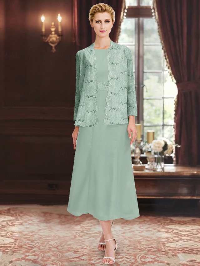  Paillettenspitze, zweiteiliges A-Linien-Kleid für die Brautmutter, elegant, schlicht, luxuriös, Chiffon, U-Boot-Ausschnitt, Midi-Länge, ärmellos, mit langärmliger Jacke 2025