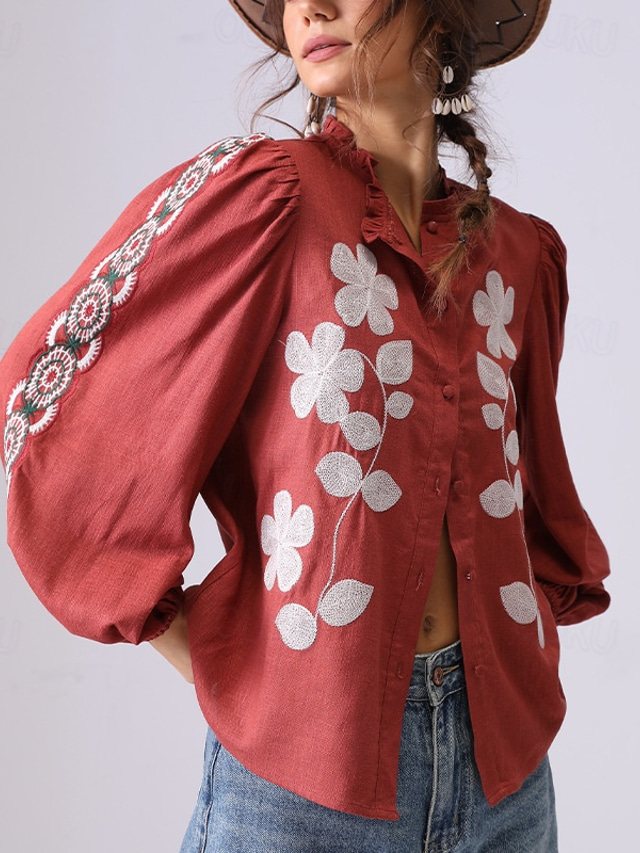  Women's Linen Viscose Shirt Floral Geometric Elegant Bohemia Vintage Long Sleeve Lantern Sleeve Regular Tops Daily Holiday Resort Wear Ruffle Embroidered 81# Original Rust Red-RED Summer Spring